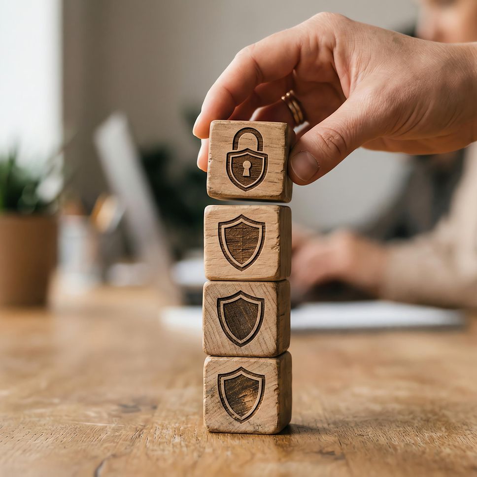Eine Hand, die Holzklötze mit Sicherheitssymbolen anordnet, die die Datesnschutzstrategien symbolisieren